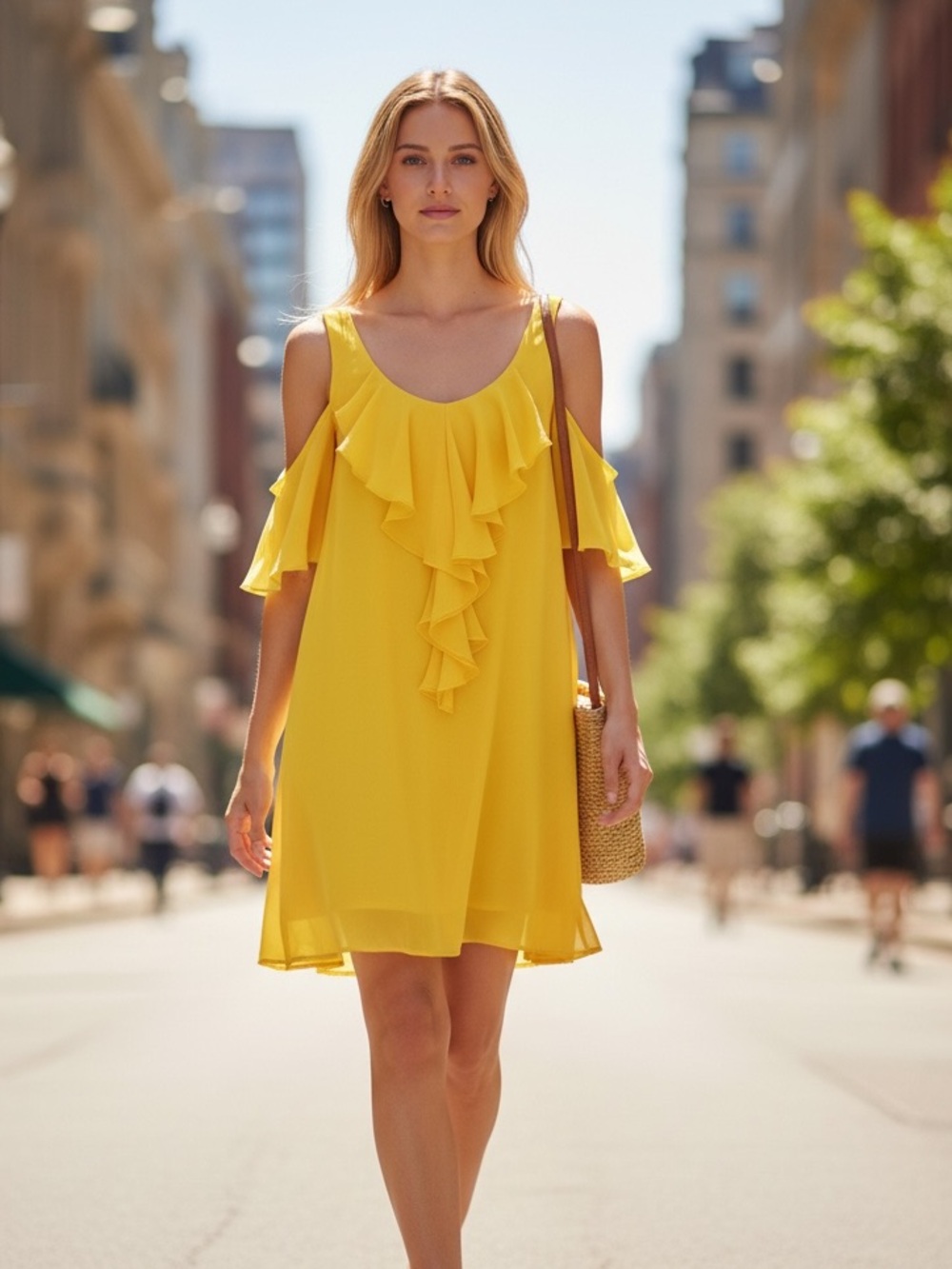 Point Ruffled Cold Shoulder Midi Dress